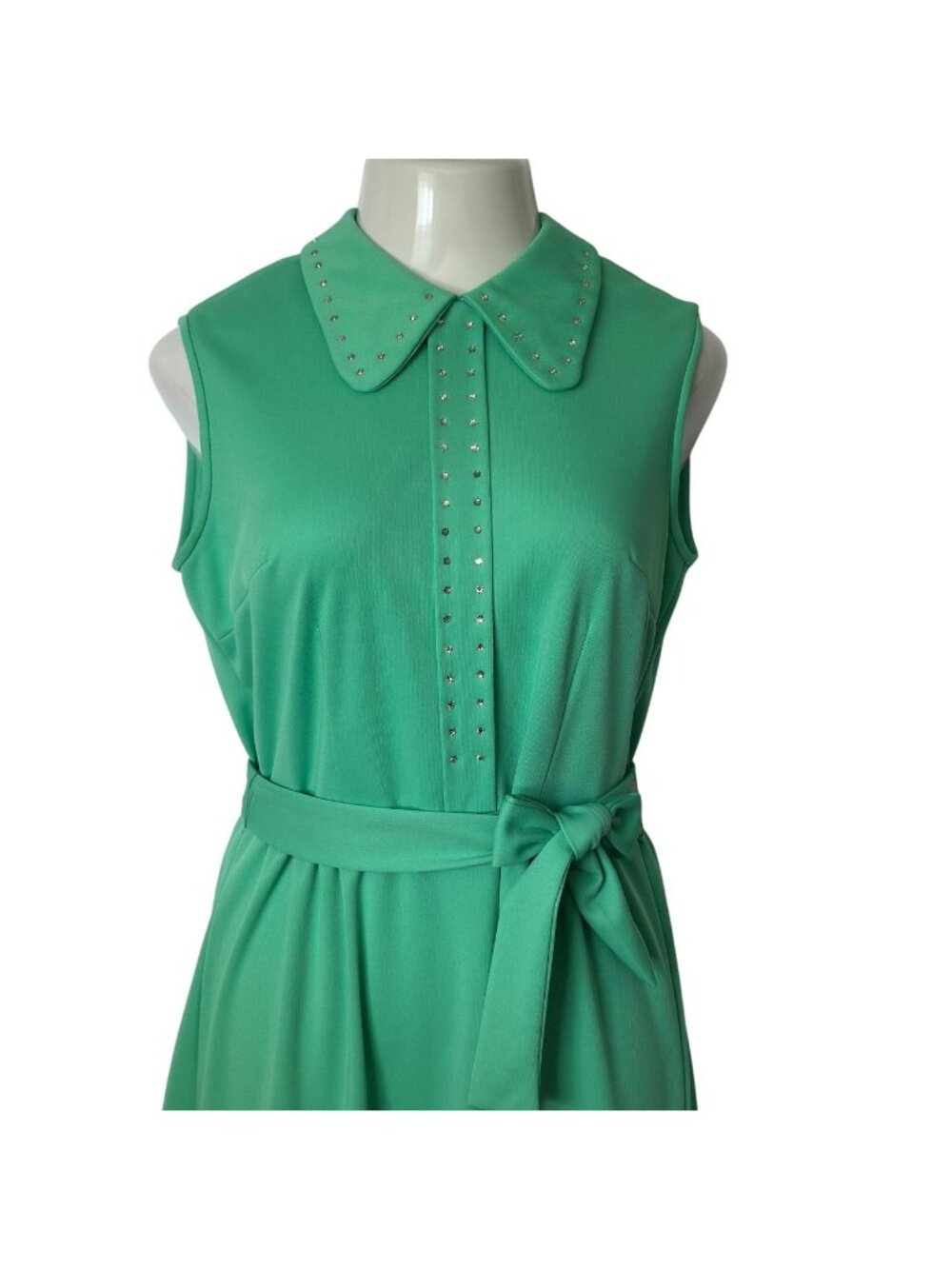 Vintage Womens Green Sleeveless Maxi Dress W/ Studded Collar & Belt - Picture 5 of 16